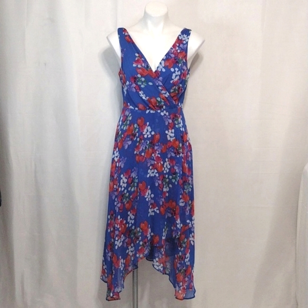 DKNY Sz 6 Sleeveless Surplice V-Neck Faux Wrap Floral Dress Work Brunch Wedding